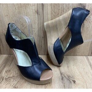 Seychelles Women's Wedge Platform Shoes Black Leather Back Zip Open Toe Size  9